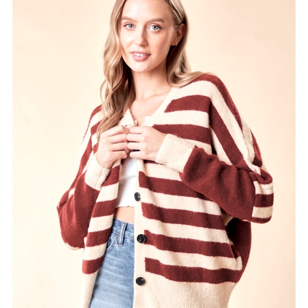 NWT Doe and Rae Button Down Cardigan Cream/Bugundy Stripe Size Large